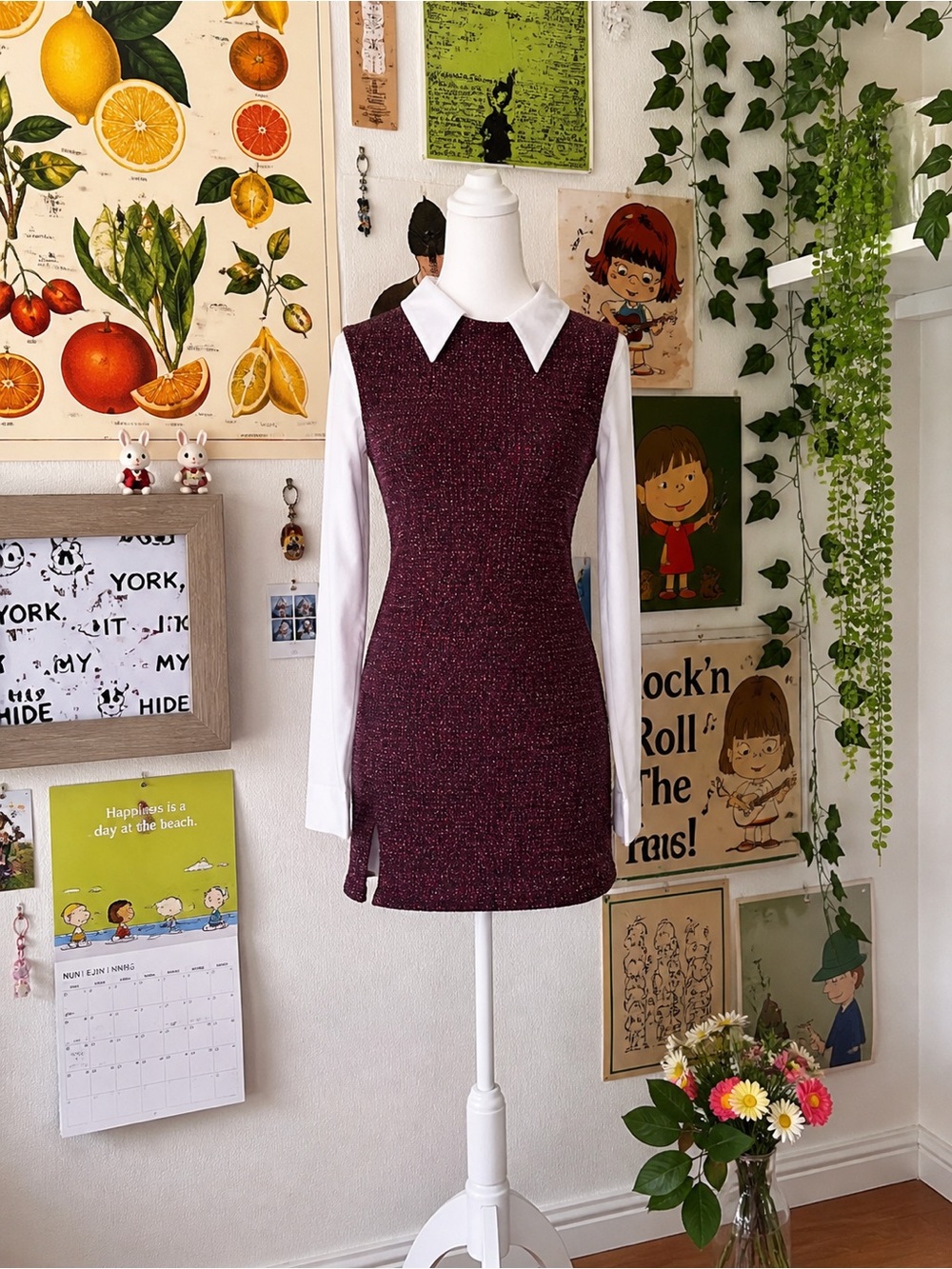 Women's Tweed Collared Shift Dress in Burgundy with White Sleeves